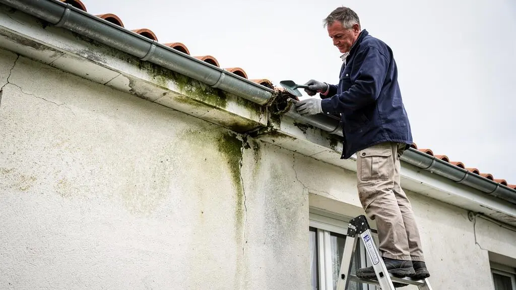 Un artisan nettoie et contrôle les joints d'une gouttière depuis une échelle contre la façade d'une maison en bord de mer.
