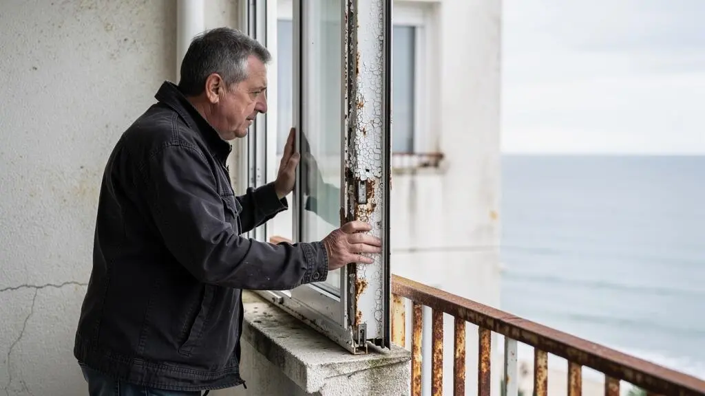 Un propriétaire inspecte les traces de corrosion sur des menuiseries métalliques d'un balcon d'appartement en bord de mer.